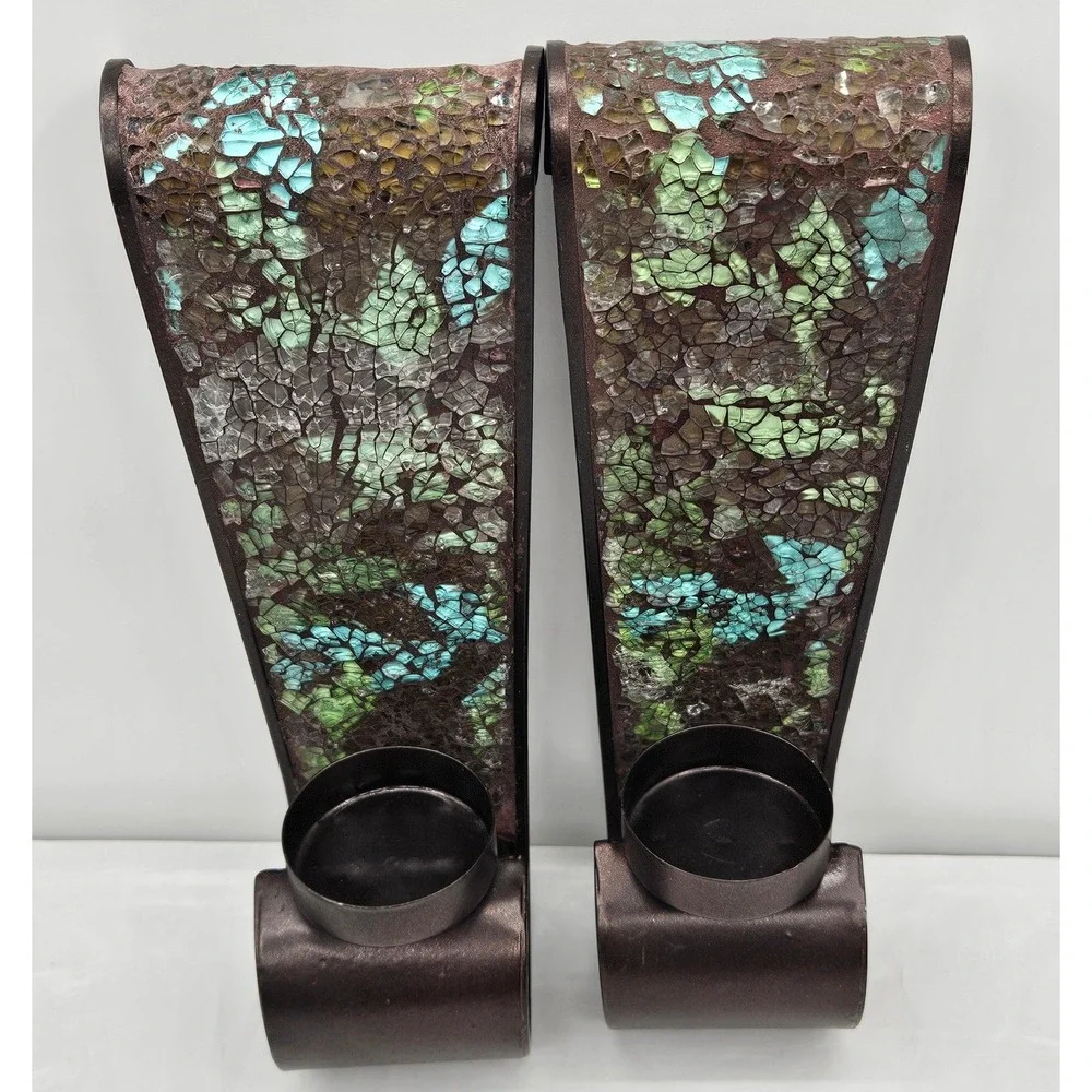 Mosaic Glass Leaf Wall Sconce Pair Bronze Metal Teal Green Votive Candle Holder